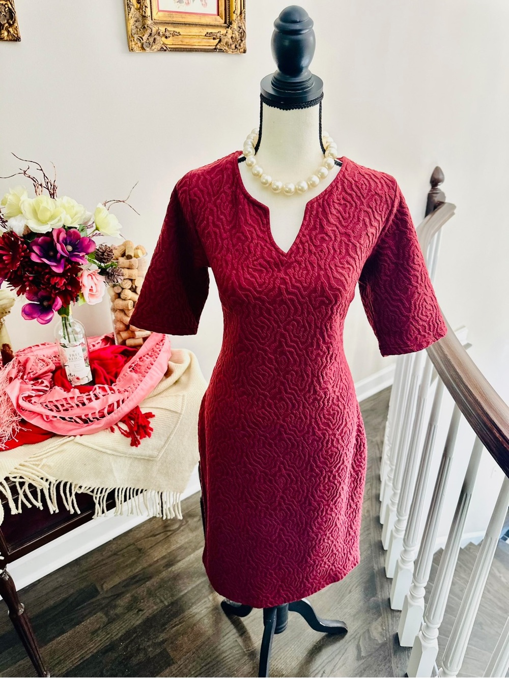 Mikarose Burgundy Textured Midi Sheath Dress